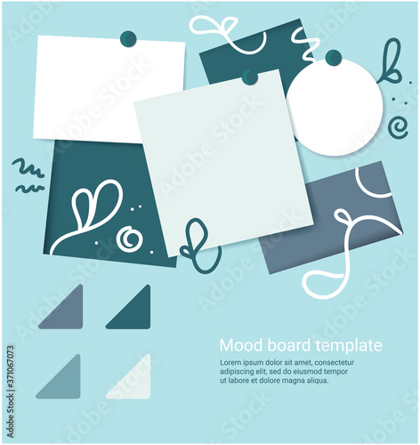 Blue and green palette color mood board template. Decorative vector collage composition for office presentation and photo frame, sticky notes, self-motivation and creative idea pins