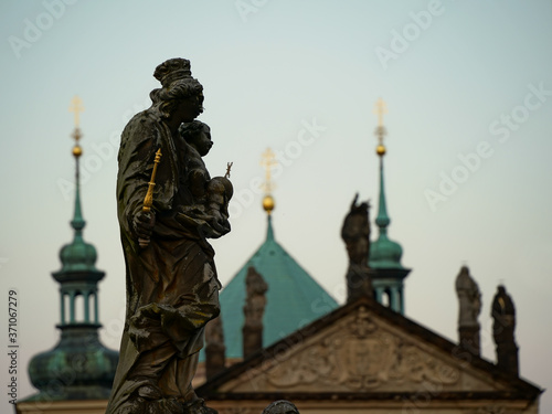 Statue on Charles Bridge, Prague - view towards the Old Town
