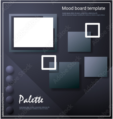 Dark, glossy, rectangle spaces color mood board template. Black and white gradient decorative vector collage composition for business presentation, creative idea decoration and photo frame