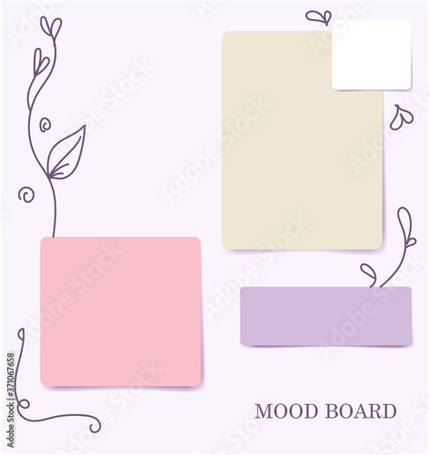 Floral calligraphy elements pastel color mood board template. Elaborate calligraphic decoration vector collage composition for spring style presentation and photo frame or sticky notes spacer