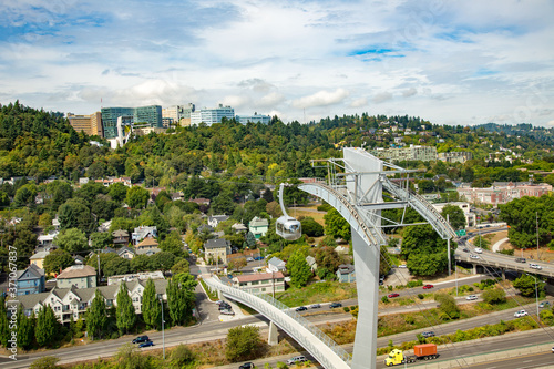 The cable car and tramway that carries patients to a hospital on a hill in south Portland  Oregon.