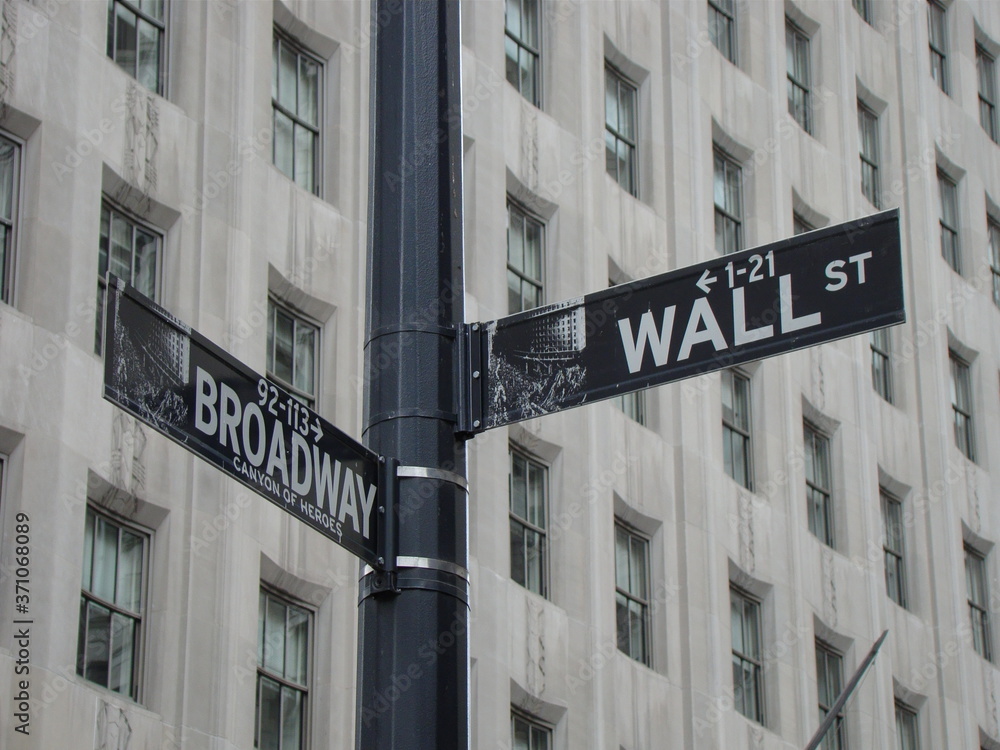 NEW YORK, WALL ST AND BROADWAY ROAD SIGN