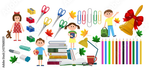 Set everything for school. Scissors, pencils, paper clips, erasers, wood shavings, books children school bell leaves
