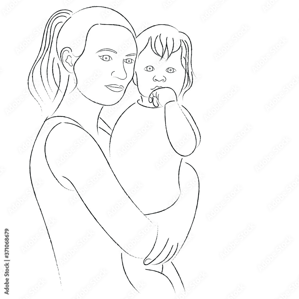 Girl with baby, baby in mom’s arms, black outline drawing, silhouettes of mother with baby