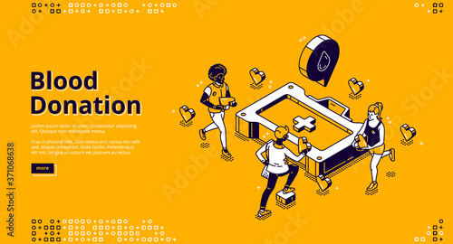 Blood donation isometric landing page, donor experience, lifeblood transfusion healthcare concept with tiny volunteer people bringing hearts to huge medical toolbox, 3d vector line art web banner