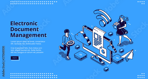 Electronic document management banner. Online paperwork storage, digital system of paper organization. Vector landing page of manage business documents with isometric people and computer screen