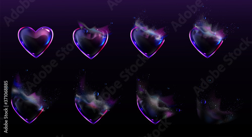 Soap bubbles in shape of heart burst sprites video animation sequence stages. Game user interface GUI elements, computer or web and motion design, love development storyboard, Realistic 3d vector set