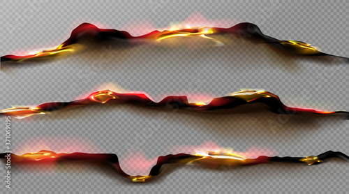 Burn paper borders, burnt page with smoldering fire on charred uneven edges, parchment sheets in flame. Burned, torn or ripped frame isolated on transparent background. Realistic 3d vector objects set
