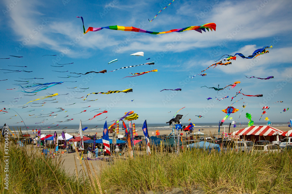Long Beach, WA; Many kites in the air and exhibitor