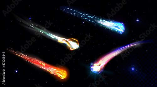 Falling comets, asteroids or meteors with flame trail isolated on transparent background. Vector realistic set of flying glowing meteorites from space, fireballs burning in Earth atmosphere