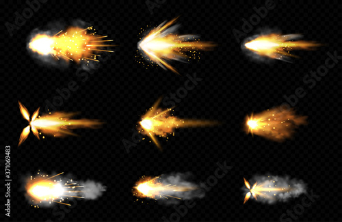 Gun shot with fire and smoke. Weapon firing effects. Vector realistic set of gun muzzle flashes, flying bullets with flame, sparks and smoke clouds isolated on transparent background