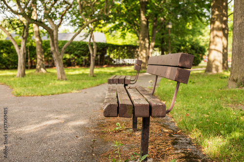 Old wooden benches in the local park on a beautiful sunny summer day Fototapet