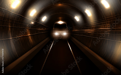 Subway train with glowing headlights in old rusty metro tunnel front view, locomotive on rails. Modern underground commuter transport, railway passenger vehicle, Realistic 3d vector illustration