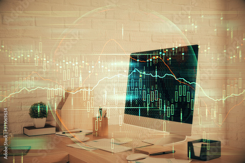 Double exposure of stock market graph drawing and office interior background. Concept of financial analysis.