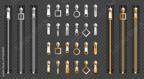 Metal zip fasteners, silver golden zippers with differently shaped puller and closed black fabric tape, clothing hardware isolated on transparent background, Realistic 3d vector illustration, set photo