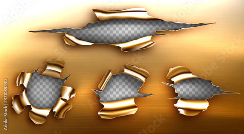 Torn holes, ragged cracks in golden sheet. Vector realistic mockup of ripped edges of metal break, bullet holes isolated on transparent background. Damaged copper page from gun shot, cut or explosion