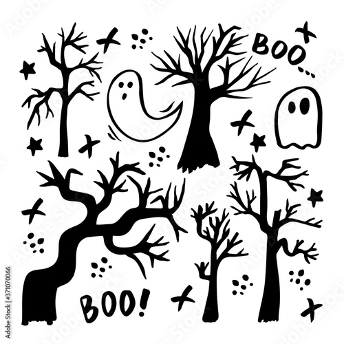 Vector set of halloween clipart. Funny, cute illustration for seasonal design, textile, decoration kids playroom or greeting card. Hand drawn prints and doodle.