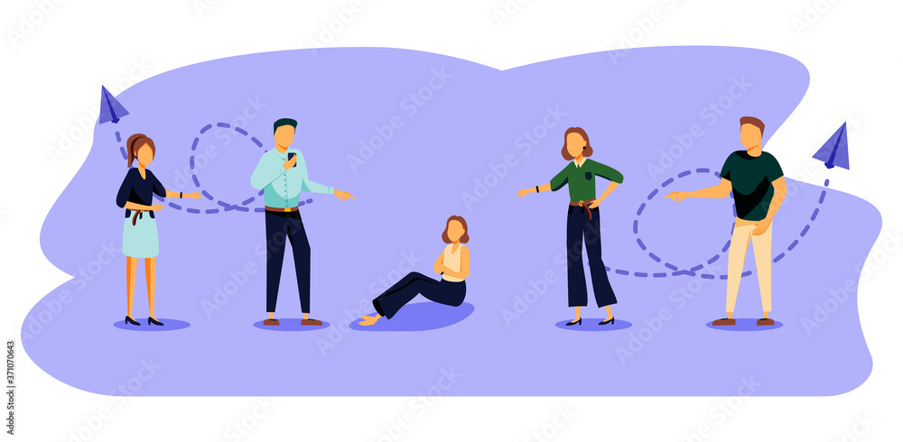 Vector illustration, the problem of bullying, a woman sits on the floor surrounded by people mocking her.