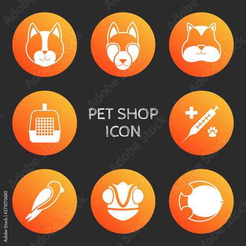 Vector set of icons. Subjects online pet store. Illustrations of silhouettes of a cat, dog, hamster, chameleon, fish, accessories, veterinary medicine in bright orange circles.