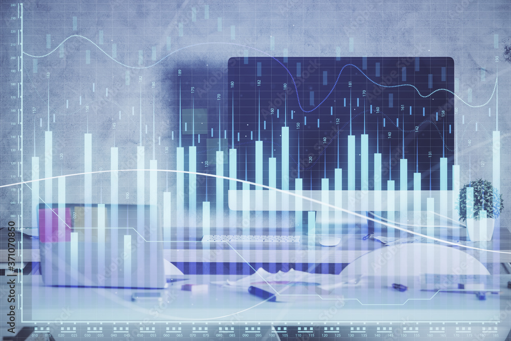 Multi exposure of financial graph drawing and office interior background. Concept of market analysis. Multi exposure of financial graph drawing and office interior background. Concept of market analysis.