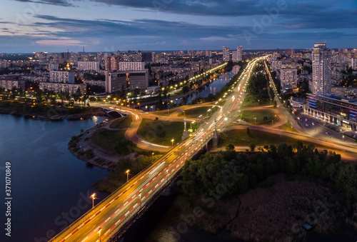 Aerial view of road near Rusanivsky channel in Kyiv, Ukraine