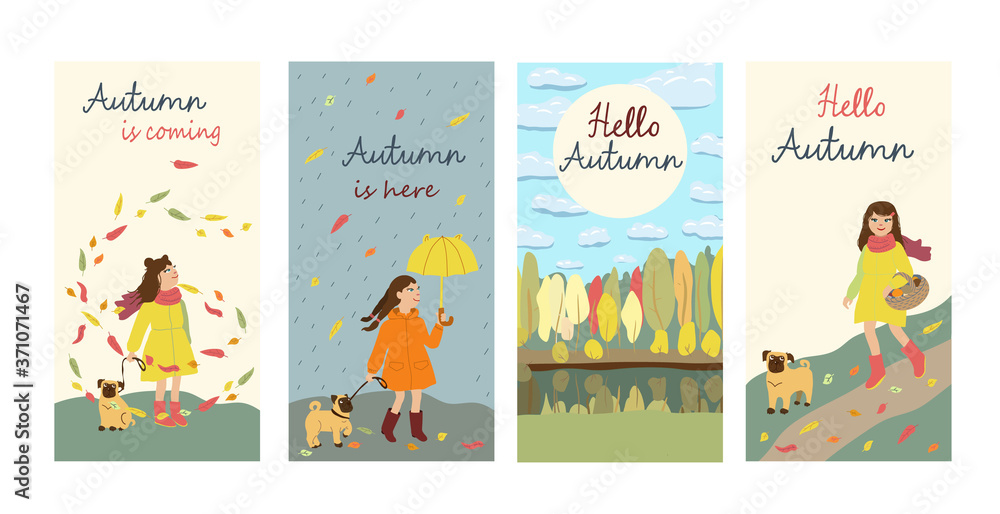 Set of the post cards with text. Kids cartoon illustration with girl and dog going for mushrooms, walking in the rain, admiring the leaves fall. Hello Autumn. Cute characters in flat style Set of the post cards with text. Kids cartoon illustration with girl and dog going for mushrooms, walking in the rain, admiring the leaves fall. Hello Autumn. Cute characters in flat style