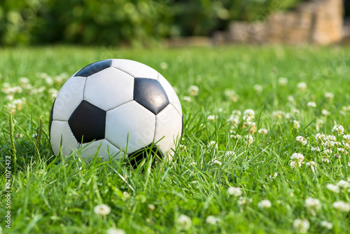 Closeup of soccer ball on the grass in garden © mkos83