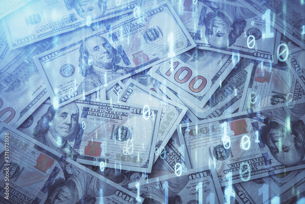 Double exposure of data theme drawing over us dollars bill background. Technology concept. Double exposure of data theme drawing over us dollars bill background. Technology concept.
