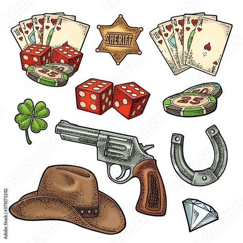 Casino set. Vector vintage color engraving isolated on white