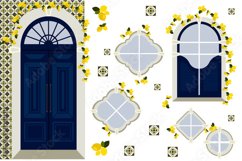 Set of design elements with portuguese tiles, lemons, door and windows