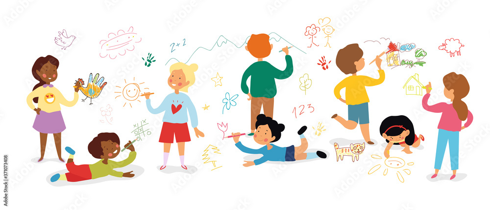 Set of diverse happy young children drawing and painting isolated on white, colored vector illustration