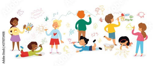 Set of diverse happy young children drawing and painting isolated on white  colored vector illustration
