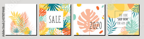 Trendy abstract square art templates with floral and geometric elements. Palm leaves background. For social media posts, mobile apps, banners design and web internet ads. Vector fashion backgrounds.