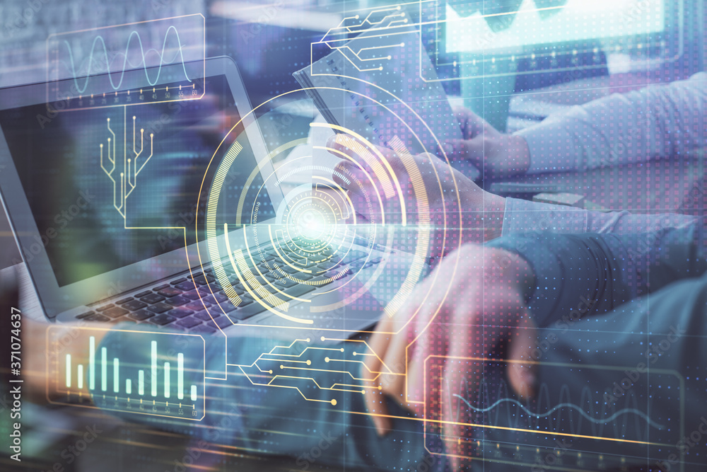 Double exposure of man and woman working together and technology theme drawing hologram. Big data concept. Computer background.