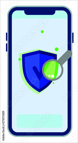 Ilustração Smartphone Scan, verified, scan, virus, celular, iphone, lupa, escudo, verificado, escaneado, infectado, varredura, quarentena, scanner,  ok, sem infeccao, startup, tecnologia, seguranca
