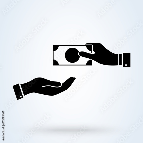 Receiving Money. Two vector hands, giving money icon. illustrator vector  Transfer Money. Donation, charity or payday concept.