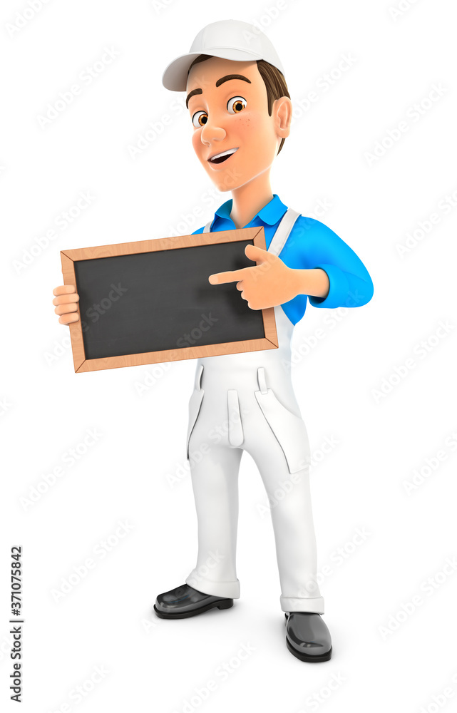 3d painter standing with slate chalkboard 3d painter standing with slate chalkboard
