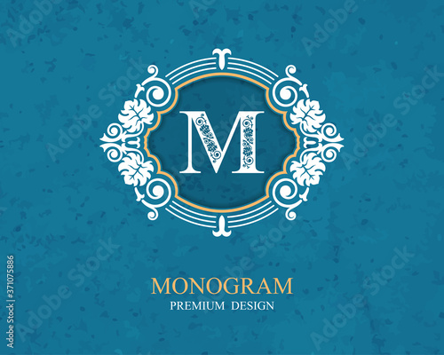 Monogram design elements, Calligraphic graceful template, Letter emblem M, Elegant line art logo, Business sign for Royalty, Boutique, Cafe, Hotel, Heraldic, Jewelry, Wine, Vector Eps 10