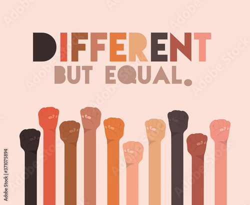 different but equal and diversity fists hands up design, people multiethnic race and community theme Vector illustration