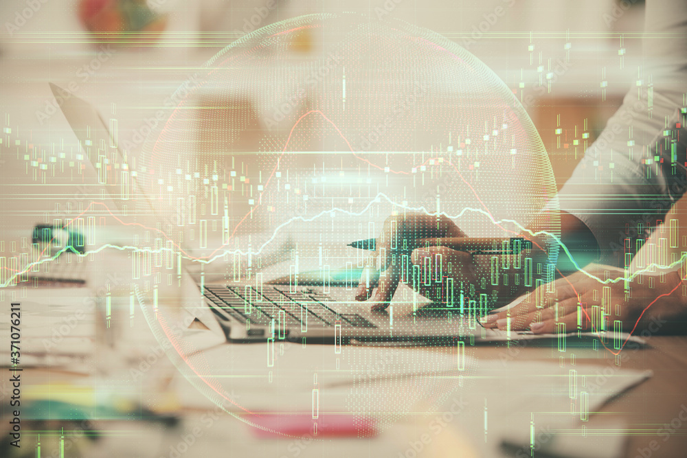 Multi exposure of woman hands typing on computer and financial chart hologram drawing. Stock market analysis concept. Multi exposure of woman hands typing on computer and financial chart hologram drawing. Stock market analysis concept.