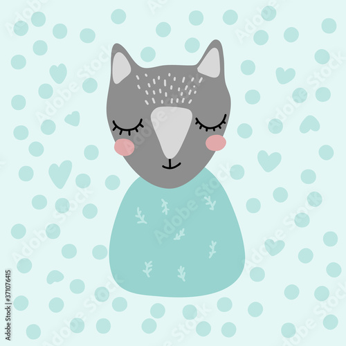 Funny cat Lovely Nursery Art in Scandinavian style design. Dreaming rabbit. Doodle Vector illustration