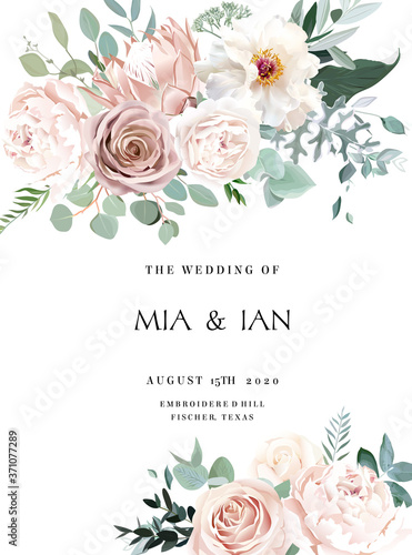 Silver sage and blush pink flowers vector design frame