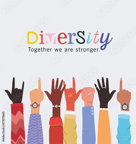 diversity together we are stronger and hands up design, people multiethnic race and community theme Vector illustration