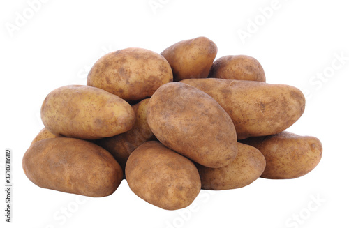 Closeup of a pile of russet potatoes isolated on white.