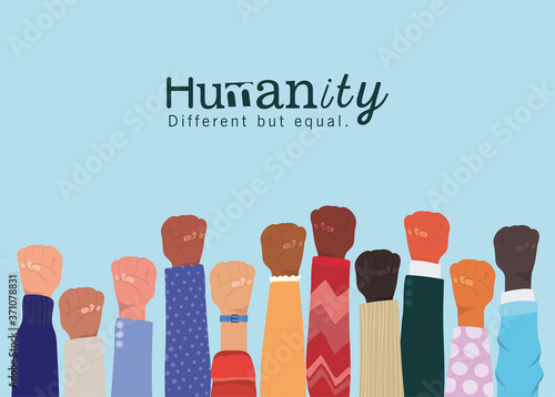 humanity different but equal and diversity hands up with fist sign design, people multiethnic race and community theme Vector illustration