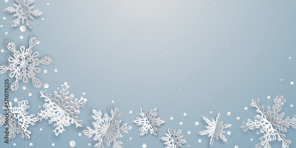 Fototapeta Boże Narodzenie tło z objętościowymi płatkami śniegu z miękkimi cieniami na jasnoniebieskim tle