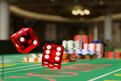 Close up shot of a pair of dice rolling down a craps table. Selective focus. Gambling concept. 3d illustration. photo