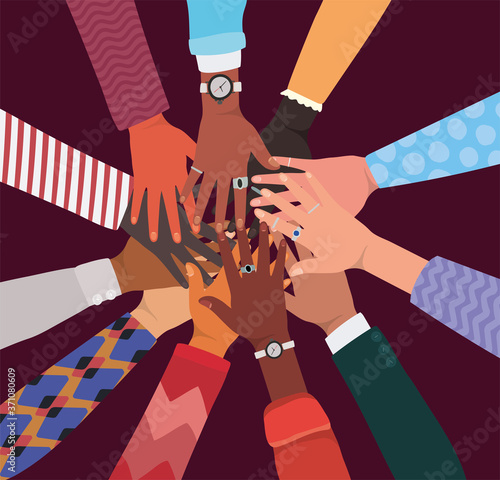 diversity of hands touching each other in circle design, people multiethnic race and community theme Vector illustration