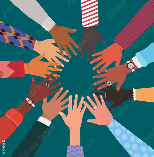 diversity of hands touching each other in circle design, people multiethnic race and community theme Vector illustration