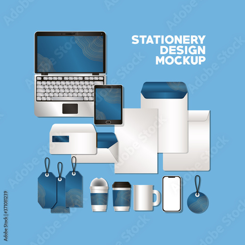 laptop and mockup set with blue branding of corporate identity and stationery design theme Vector illustration